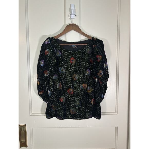 Eva Franco Velvet Floral Metallic Blouse Womens Size 6 Black Green - Picture 1 of 9